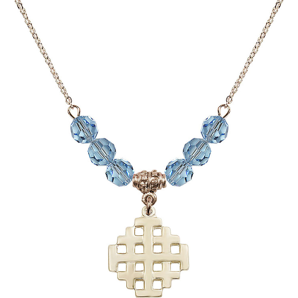 14kt Gold Filled Jerusalem Cross Birthstone Necklace with Aqua Beads - 4139
