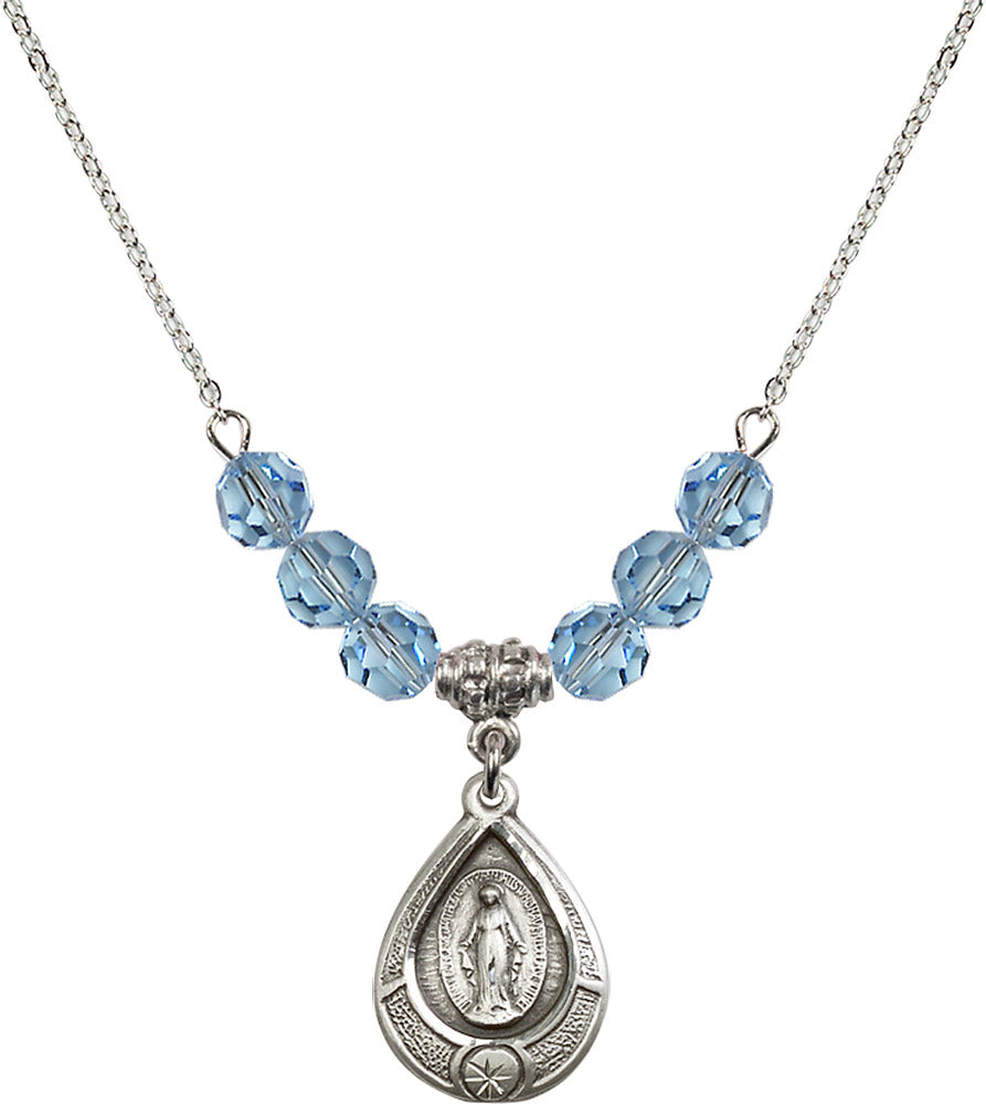 Sterling Silver Miraculous Birthstone Necklace with Aqua Beads - 4144