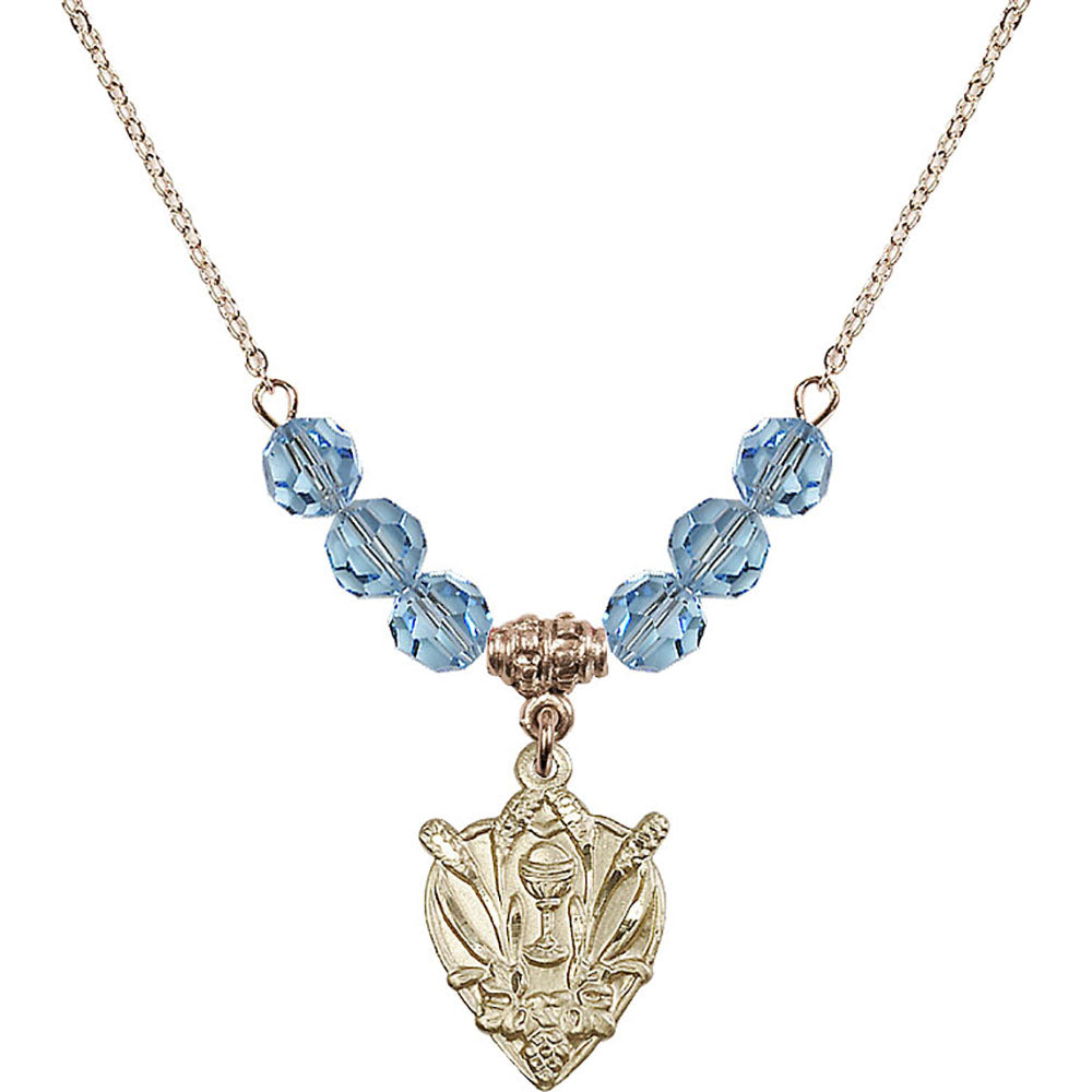 14kt Gold Filled Communion Birthstone Necklace with Aqua Beads - 4200