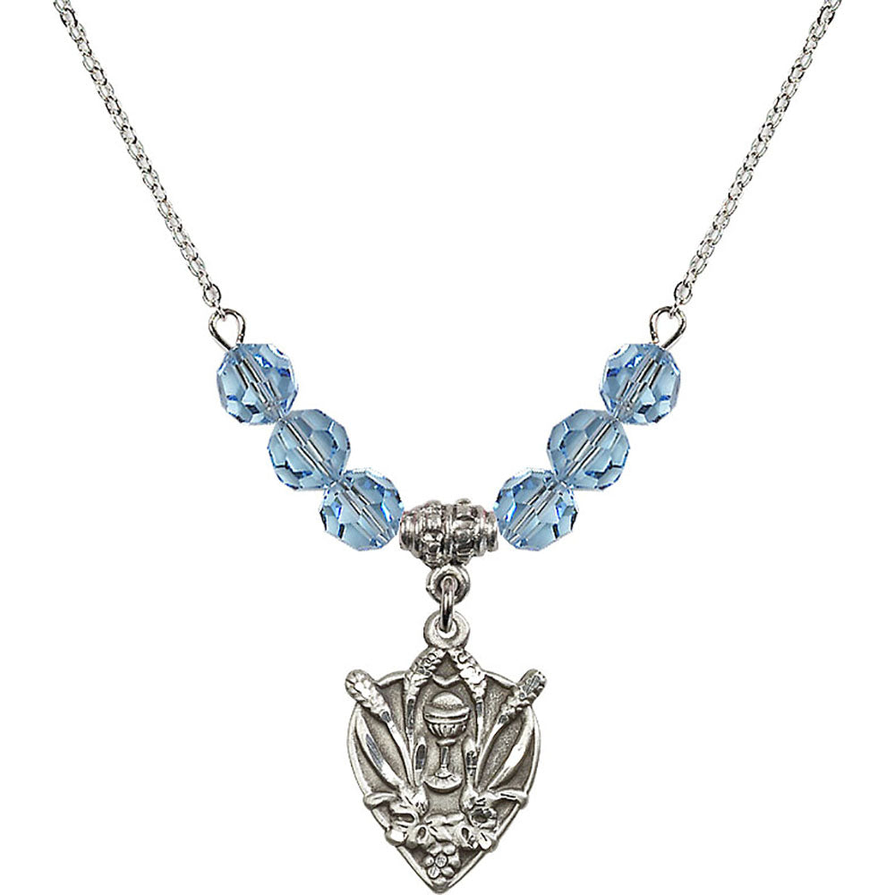 Sterling Silver Communion Birthstone Necklace with Aqua Beads - 4200