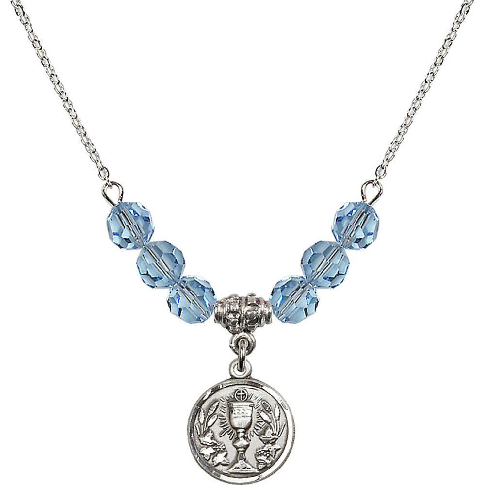Sterling Silver Communion Chalice Birthstone Necklace with Aqua Beads - 4203