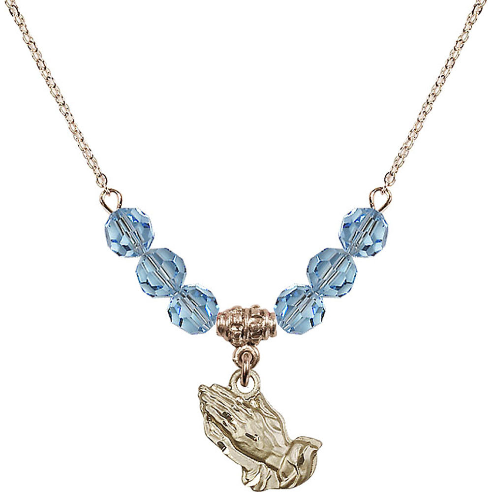 14kt Gold Filled Praying Hands Birthstone Necklace with Aqua Beads - 4219