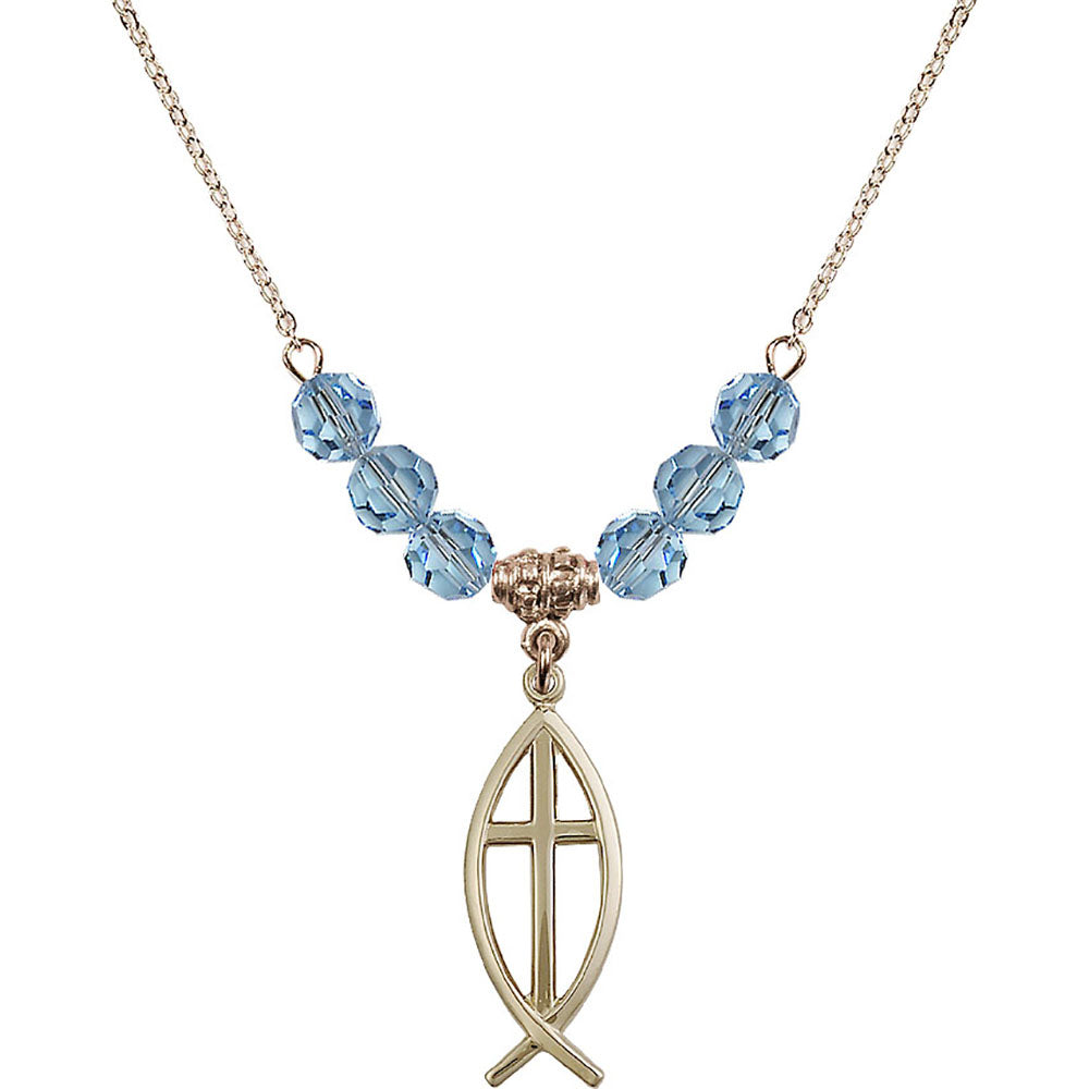 14kt Gold Filled Fish / Cross Birthstone Necklace with Aqua Beads - 4252