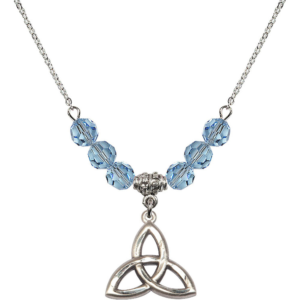 Sterling Silver Trinity Irish Knot Birthstone Necklace with Aqua Beads - 5101