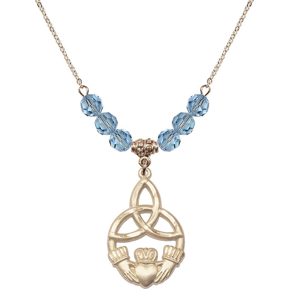 14kt Gold Filled Irish Knot / Claddagh Birthstone Necklace with Aqua Beads - 5102