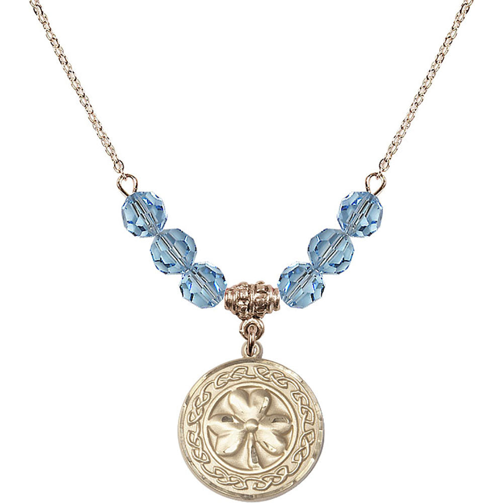 14kt Gold Filled Shamrock w/ Celtic Border Birthstone Necklace with Aqua Beads - 5106