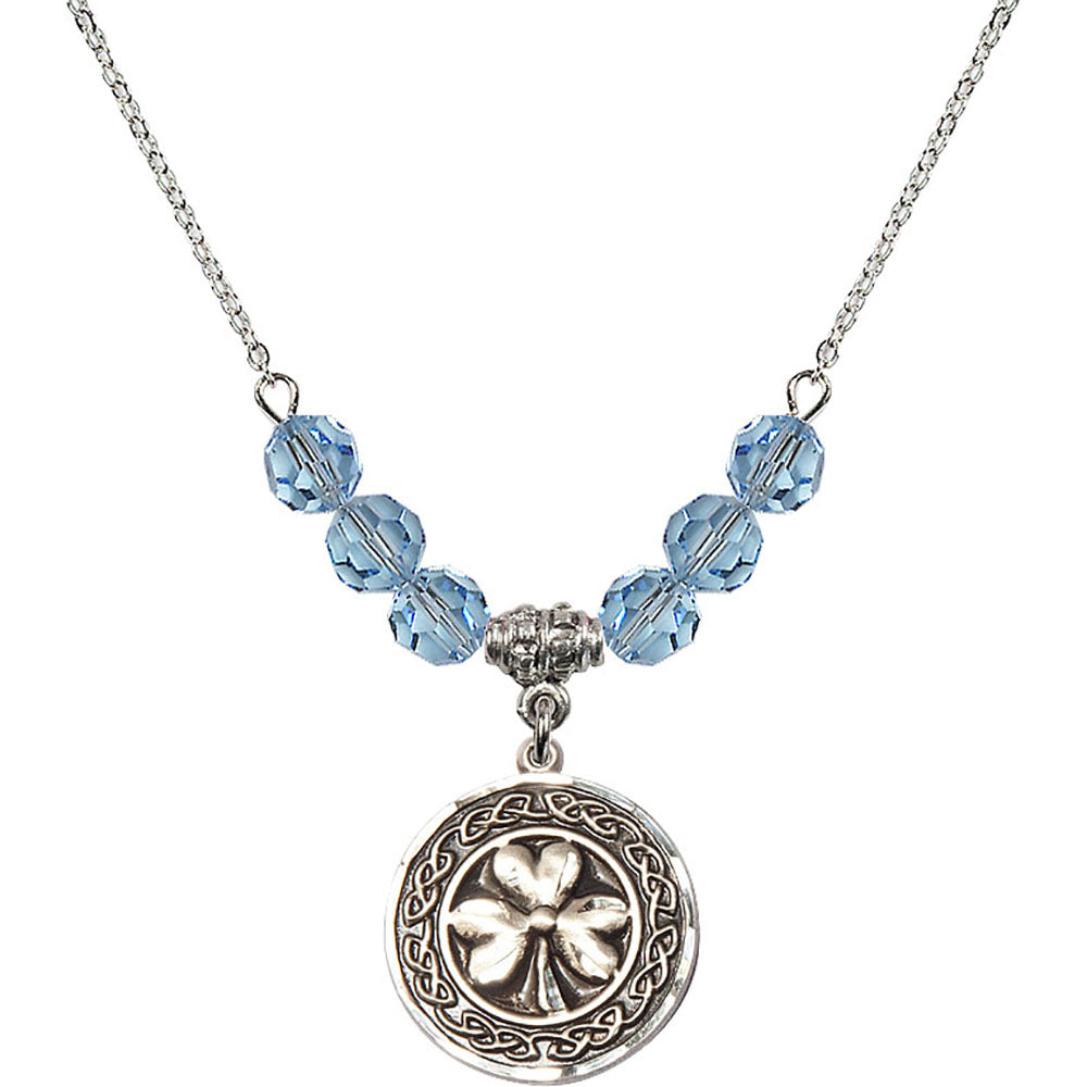 Sterling Silver Shamrock w/ Celtic Border Birthstone Necklace with Aqua Beads - 5106