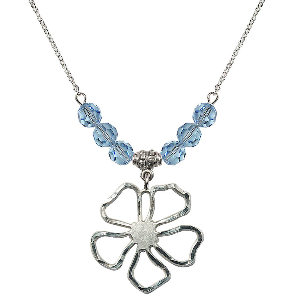 Sterling Silver Five Pedal Flower Birthstone Necklace with Aqua Beads - 5109