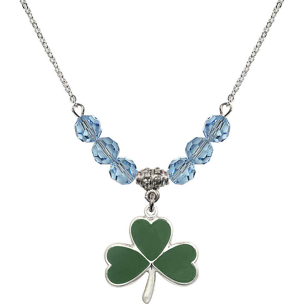 Sterling Silver Shamrock Birthstone Necklace with Aqua Beads - 5248