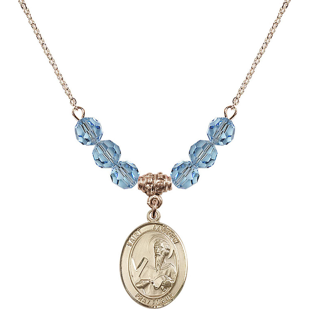 14kt Gold Filled Saint Andrew the Apostle Birthstone Necklace with Aqua Beads - 8000