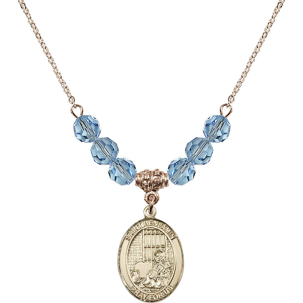 14kt Gold Filled Saint Benjamin Birthstone Necklace with Aqua Beads - 8013