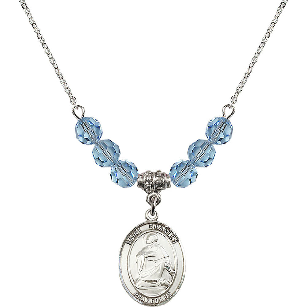 Sterling Silver Saint Charles Borromeo Birthstone Necklace with Aqua Beads - 8020