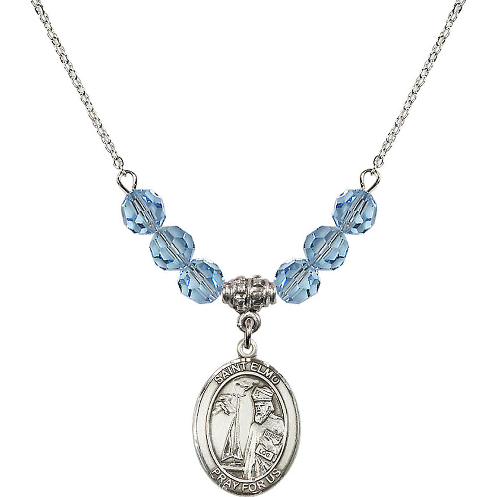 Sterling Silver Saint Elmo Birthstone Necklace with Aqua Beads - 8031
