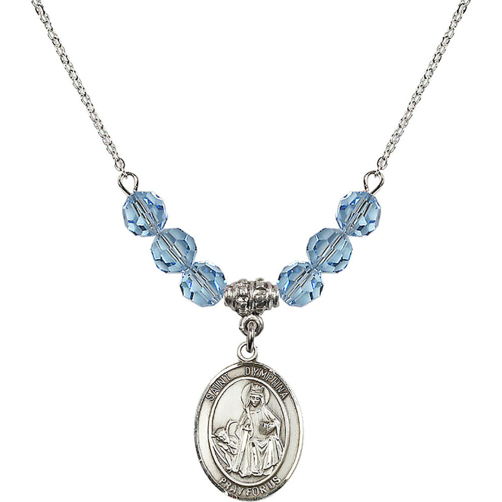 Sterling Silver Saint Dymphna Birthstone Necklace with Aqua Beads - 8032