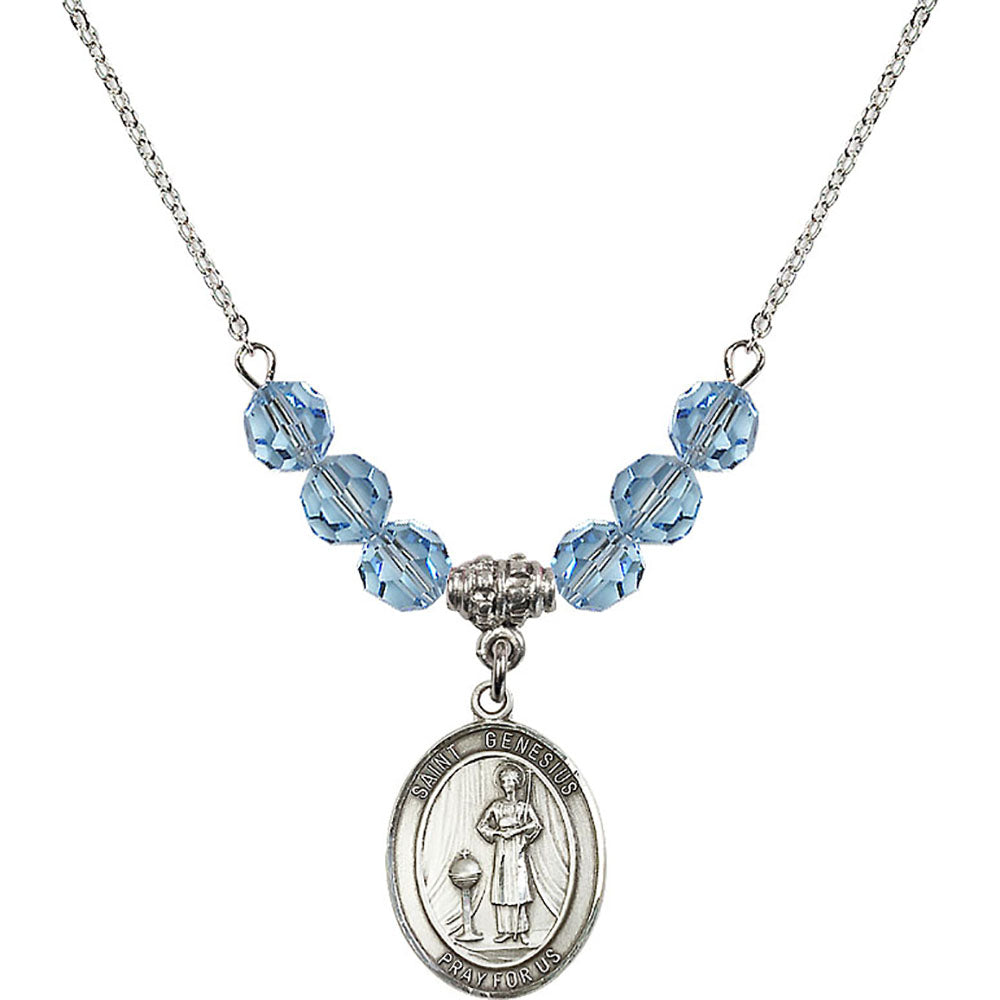 Sterling Silver Saint Genesius of Rome Birthstone Necklace with Aqua Beads - 8038