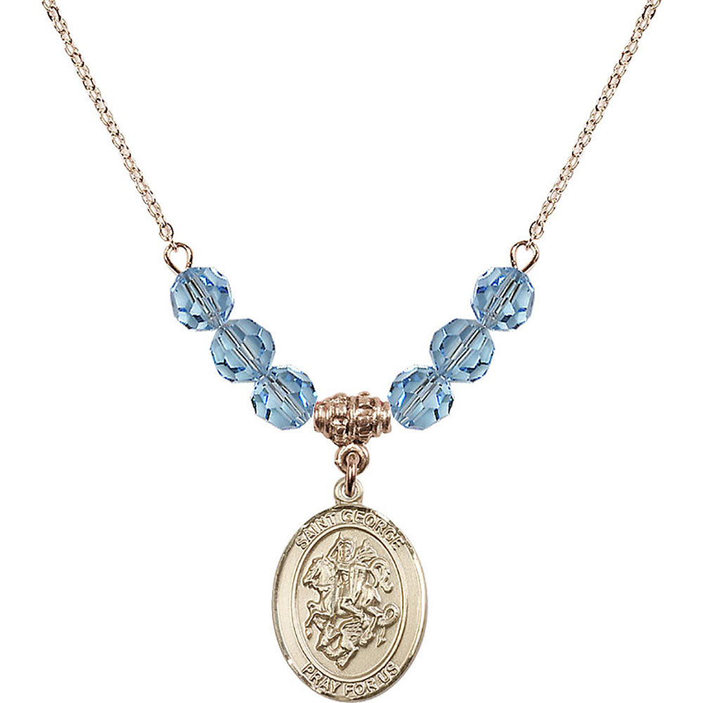 14kt Gold Filled Saint George Birthstone Necklace with Aqua Beads - 8040
