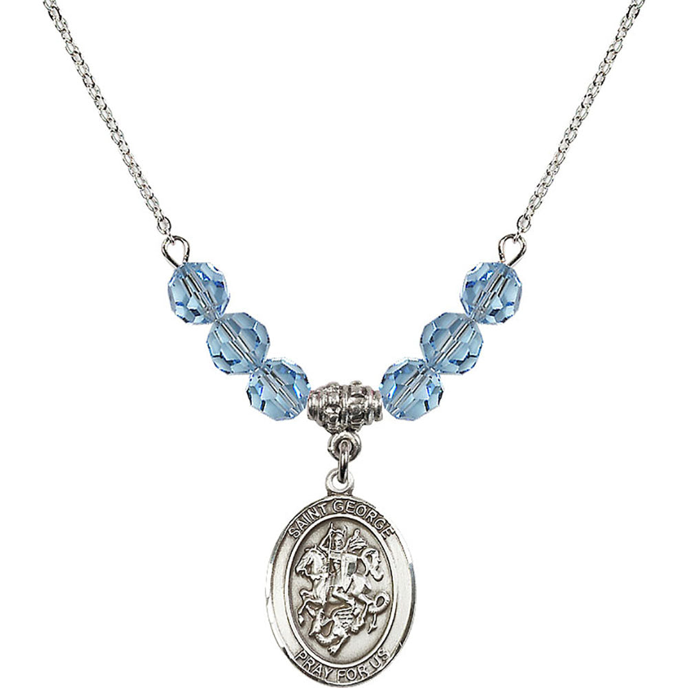 Sterling Silver Saint George Birthstone Necklace with Aqua Beads - 8040