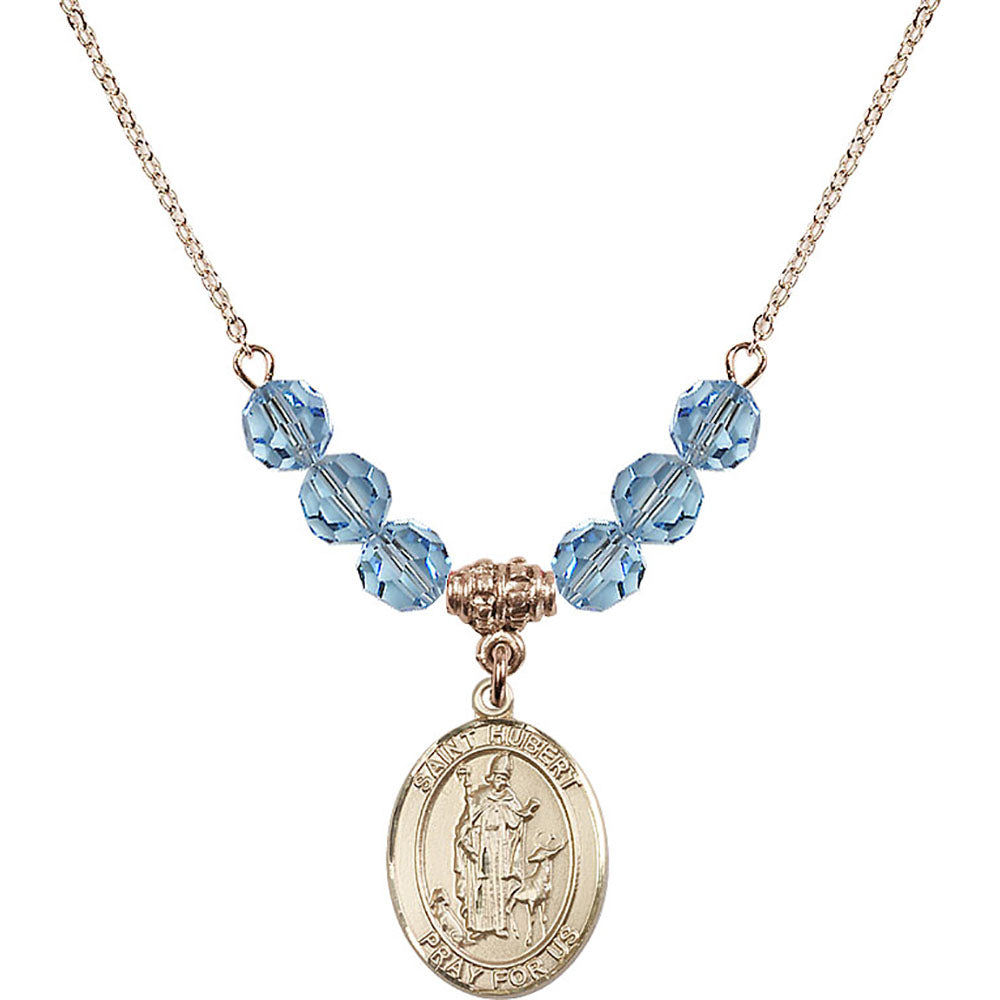 14kt Gold Filled Saint Hubert of Liege Birthstone Necklace with Aqua Beads - 8045