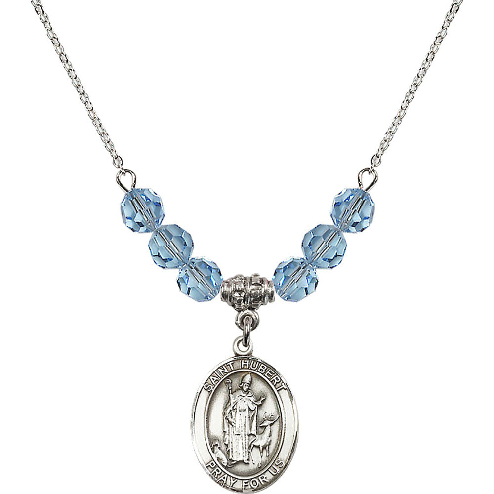 Sterling Silver Saint Hubert of Liege Birthstone Necklace with Aqua Beads - 8045