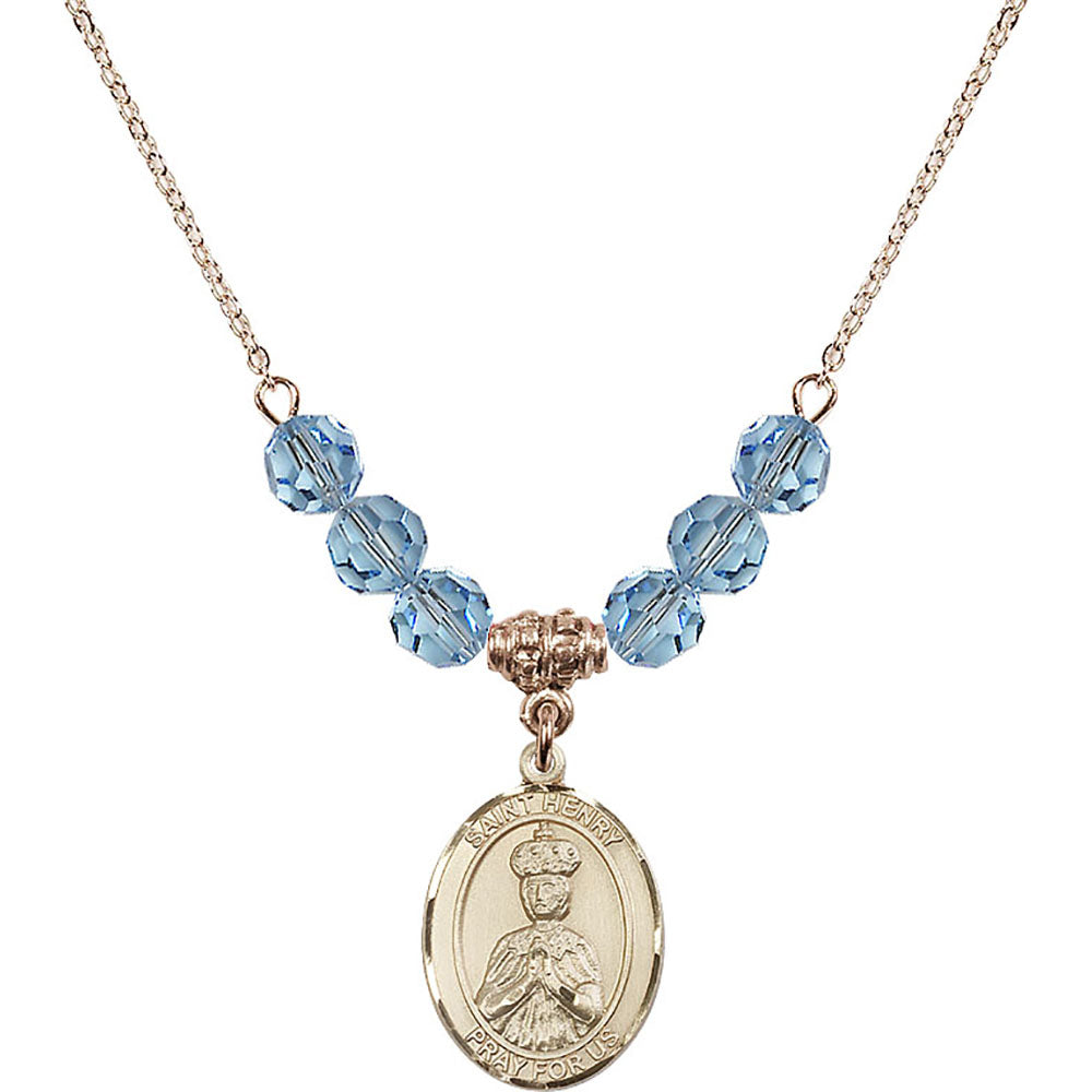 14kt Gold Filled Saint Henry II Birthstone Necklace with Aqua Beads - 8046