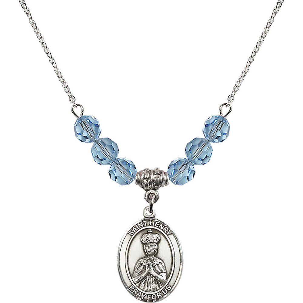 Sterling Silver Saint Henry II Birthstone Necklace with Aqua Beads - 8046