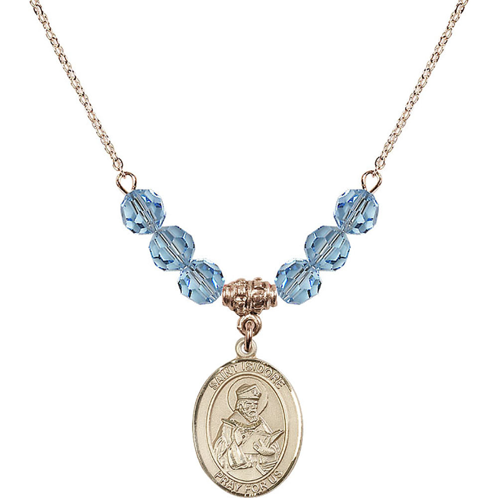 14kt Gold Filled Saint Isidore of Seville Birthstone Necklace with Aqua Beads - 8049