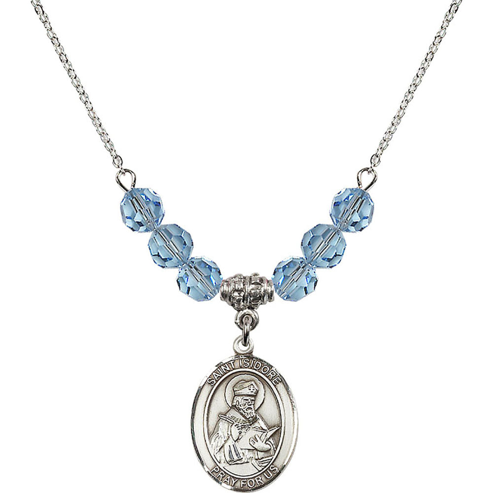 Sterling Silver Saint Isidore of Seville Birthstone Necklace with Aqua Beads - 8049