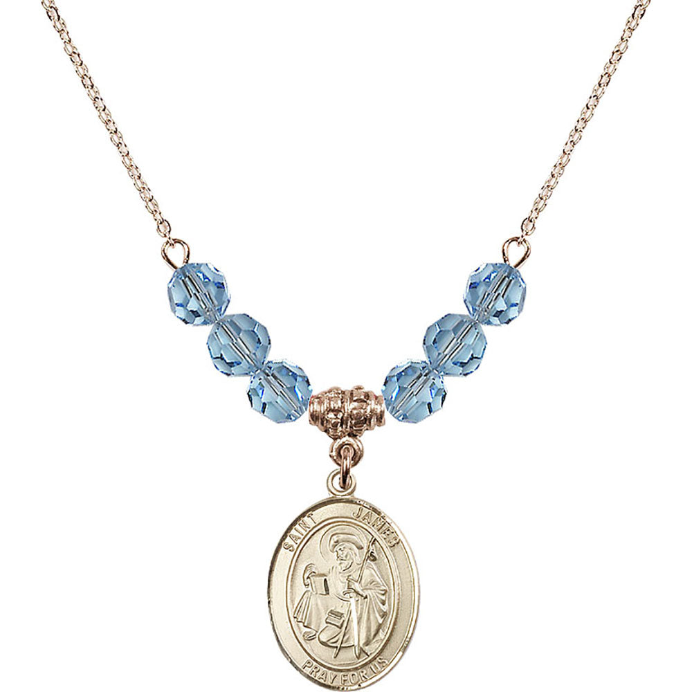 14kt Gold Filled Saint James the Greater Birthstone Necklace with Aqua Beads - 8050