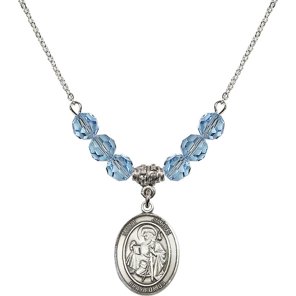 Sterling Silver Saint James the Greater Birthstone Necklace with Aqua Beads - 8050