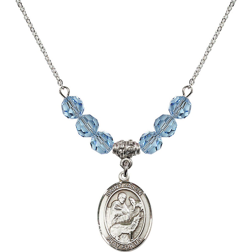 Sterling Silver Saint Jason Birthstone Necklace with Aqua Beads - 8051