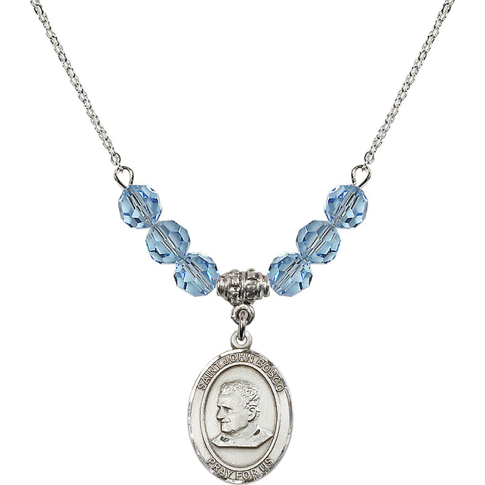 Sterling Silver Saint John Bosco Birthstone Necklace with Aqua Beads - 8055