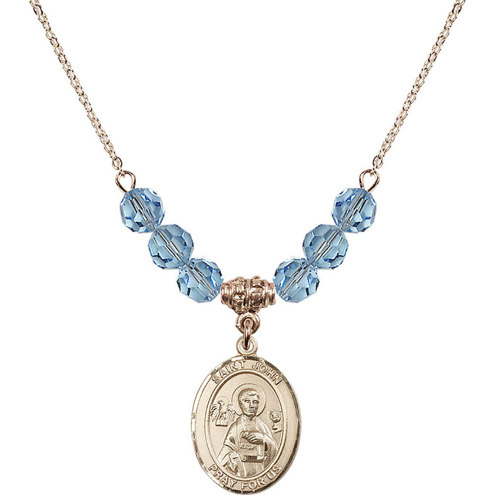 14kt Gold Filled Saint John the Apostle Birthstone Necklace with Aqua Beads - 8056