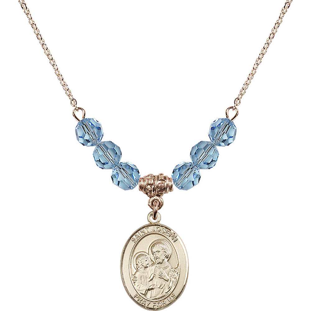14kt Gold Filled Saint Joseph Birthstone Necklace with Aqua Beads - 8058