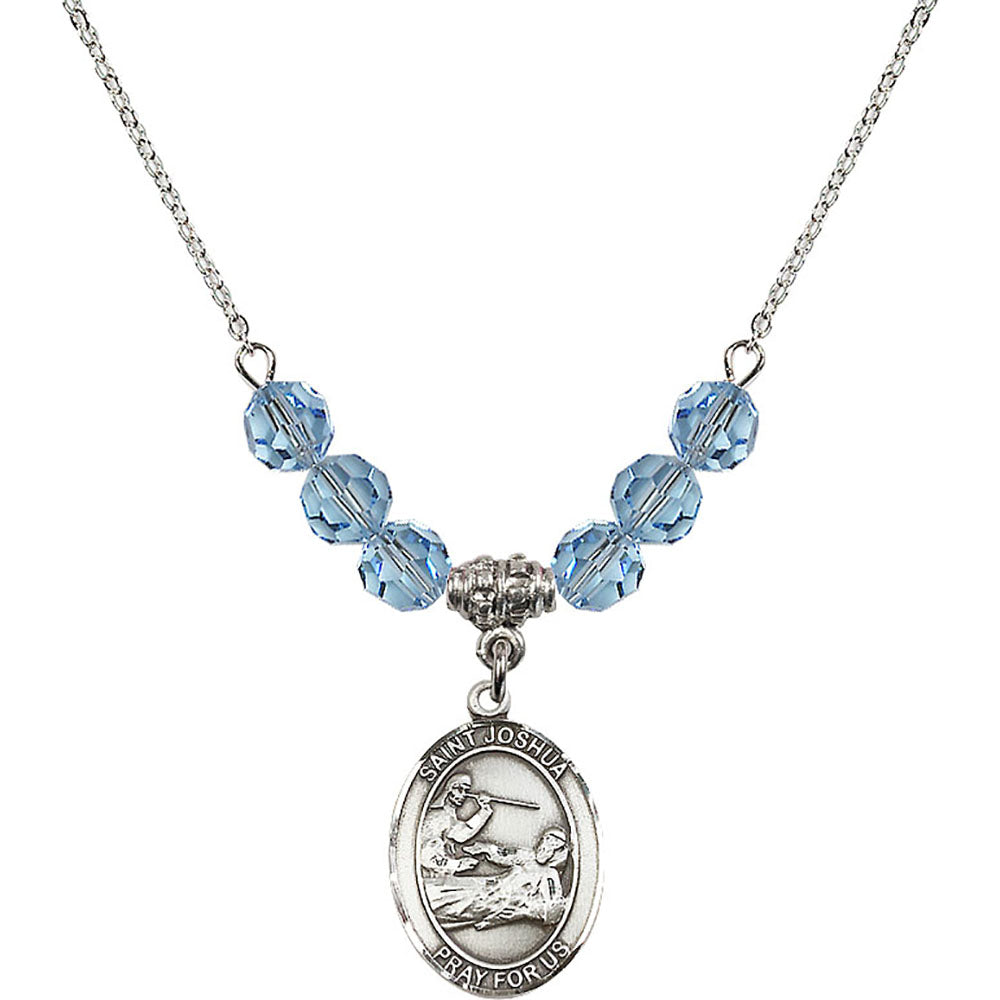 Sterling Silver Saint Joshua Birthstone Necklace with Aqua Beads - 8059