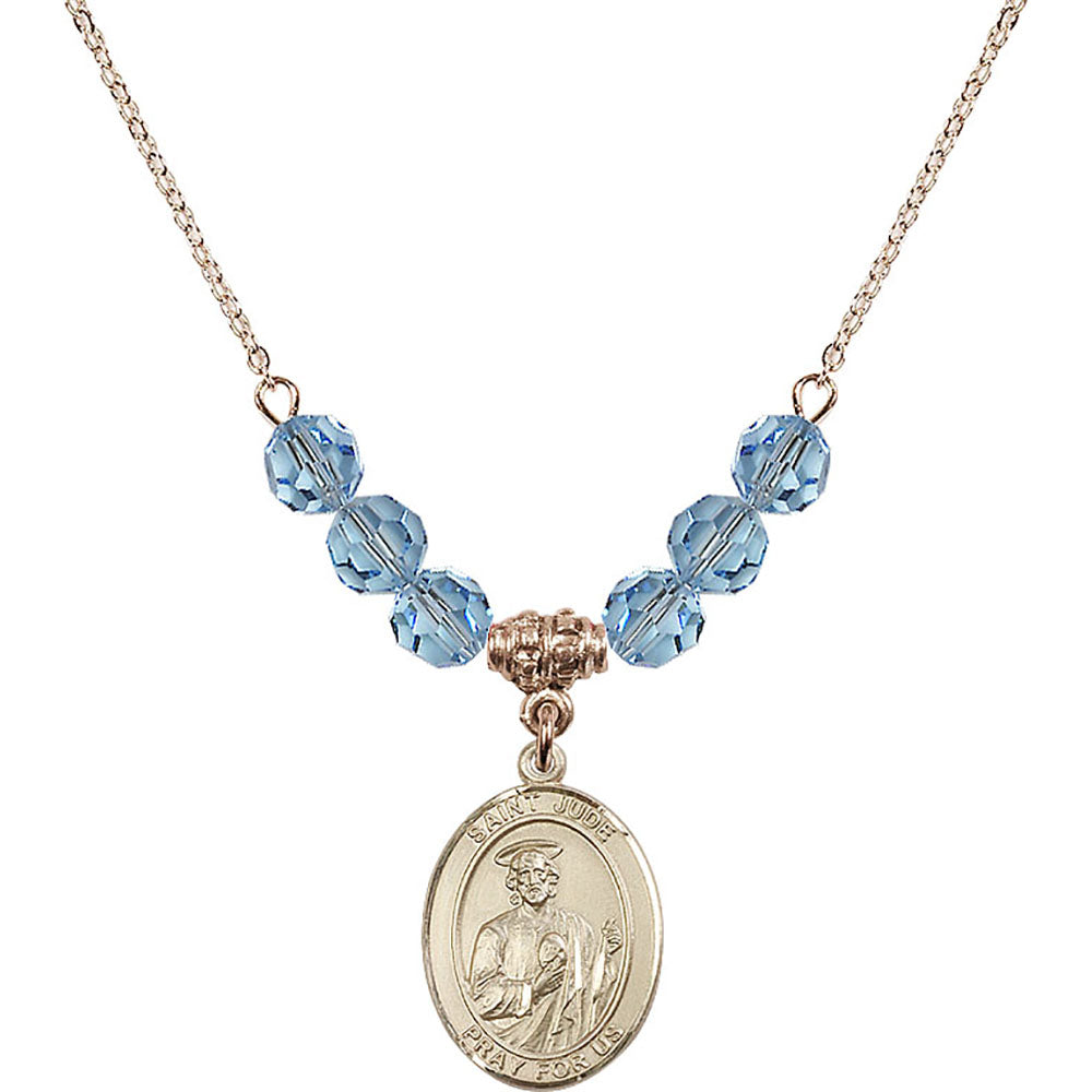 14kt Gold Filled Saint Jude Thaddeus Birthstone Necklace with Aqua Beads - 8060