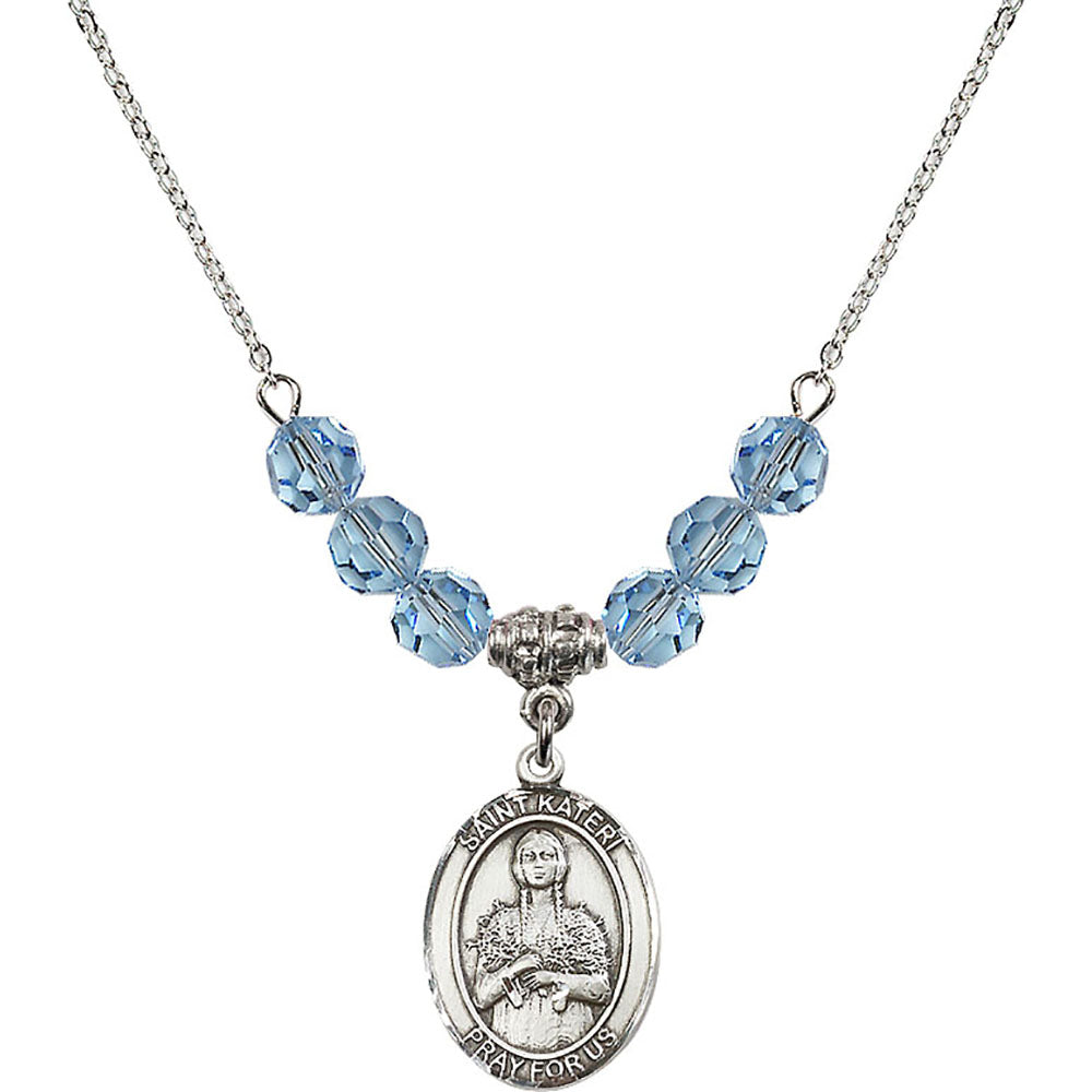Sterling Silver Saint Kateri Tekakwitha Birthstone Necklace with Aqua Beads - 8061