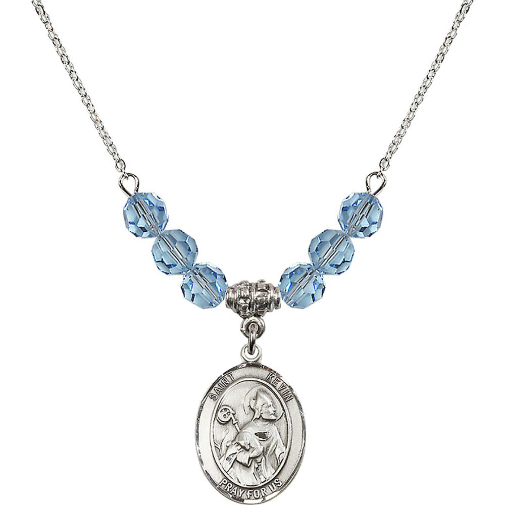 Sterling Silver Saint Kevin Birthstone Necklace with Aqua Beads - 8062