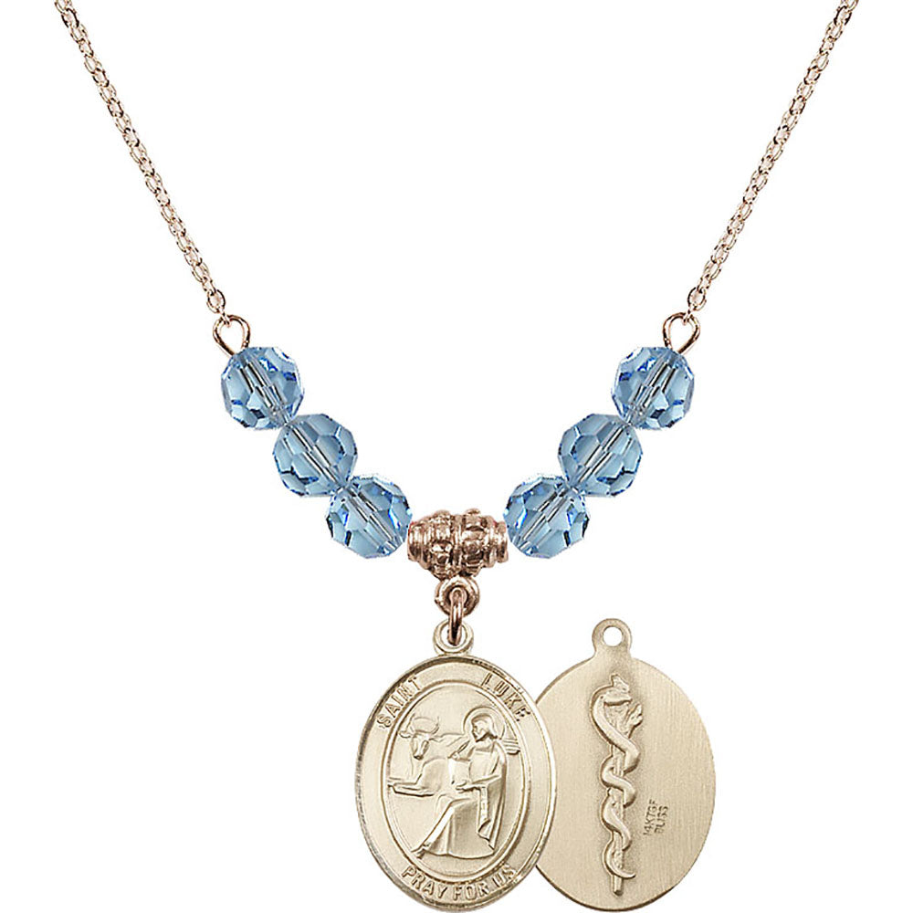 14kt Gold Filled Saint Luke the Apostle / Doctor Birthstone Necklace with Aqua Beads - 8068