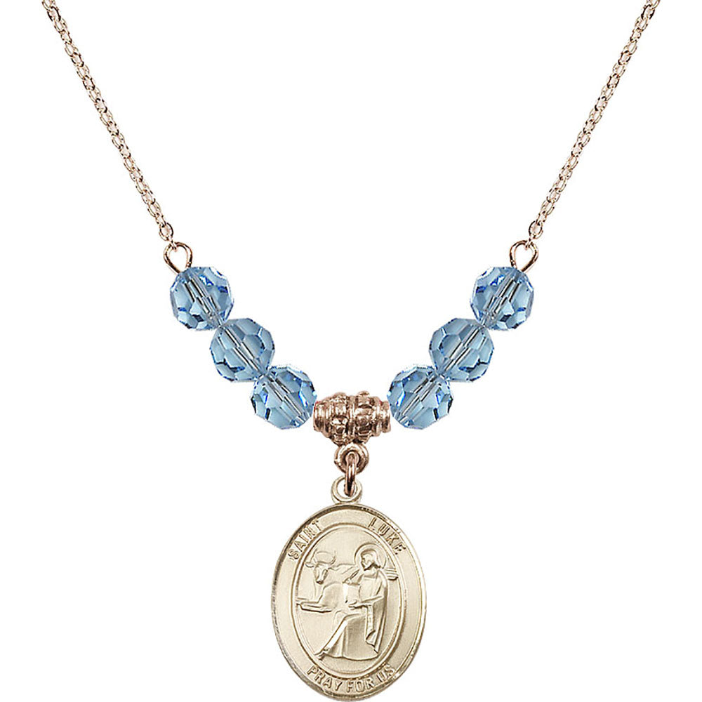 14kt Gold Filled Saint Luke the Apostle Birthstone Necklace with Aqua Beads - 8068
