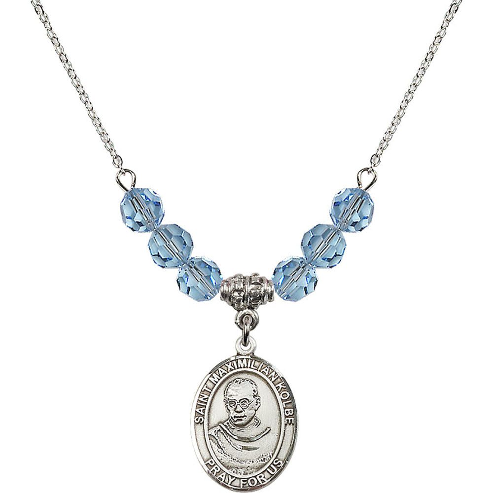 Sterling Silver Saint Maximilian Kolbe Birthstone Necklace with Aqua Beads - 8073