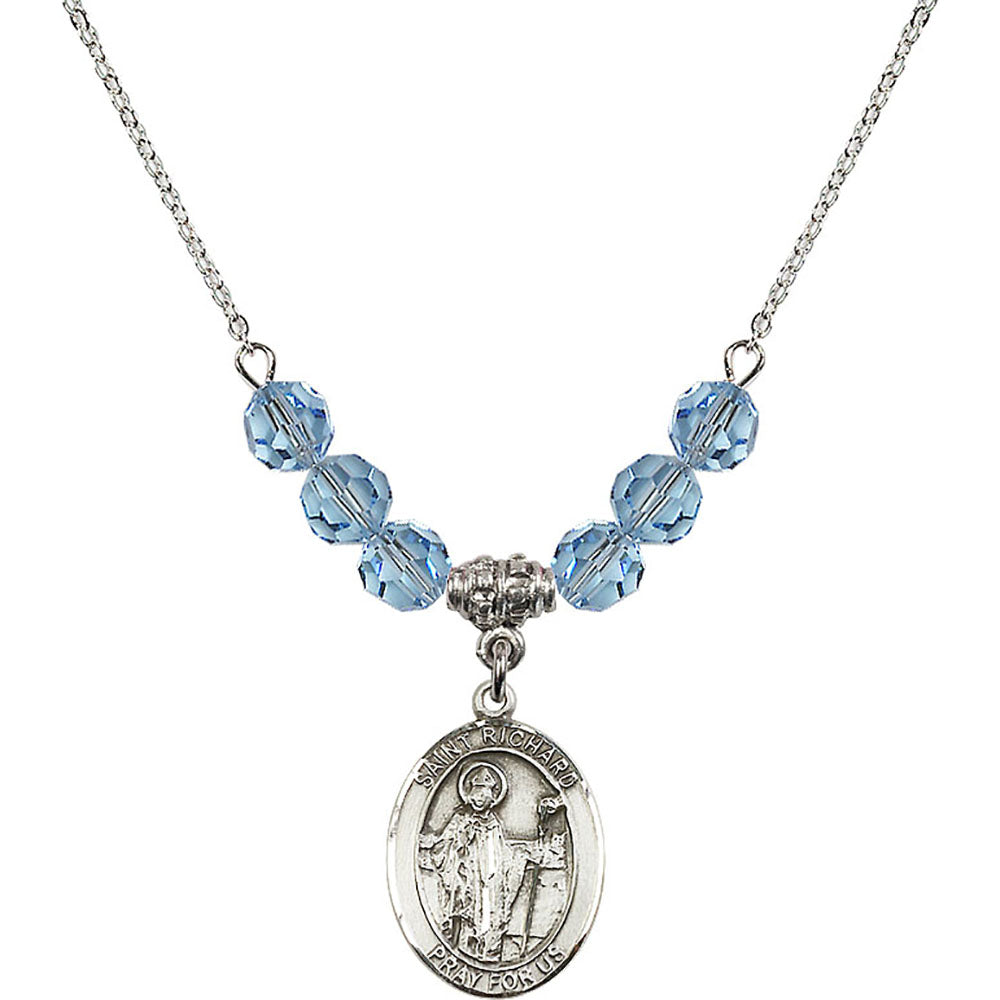 Sterling Silver Saint Richard Birthstone Necklace with Aqua Beads - 8093
