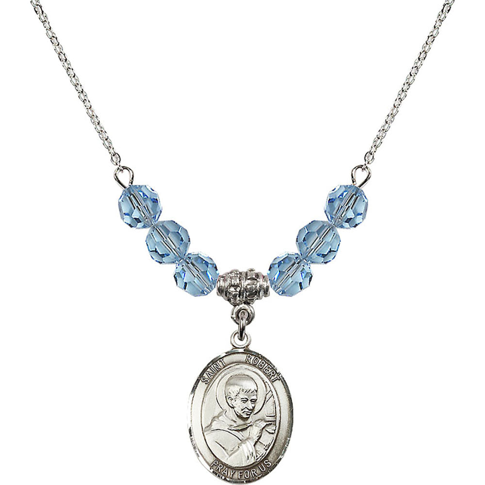 Sterling Silver Saint Robert Bellarmine Birthstone Necklace with Aqua Beads - 8096