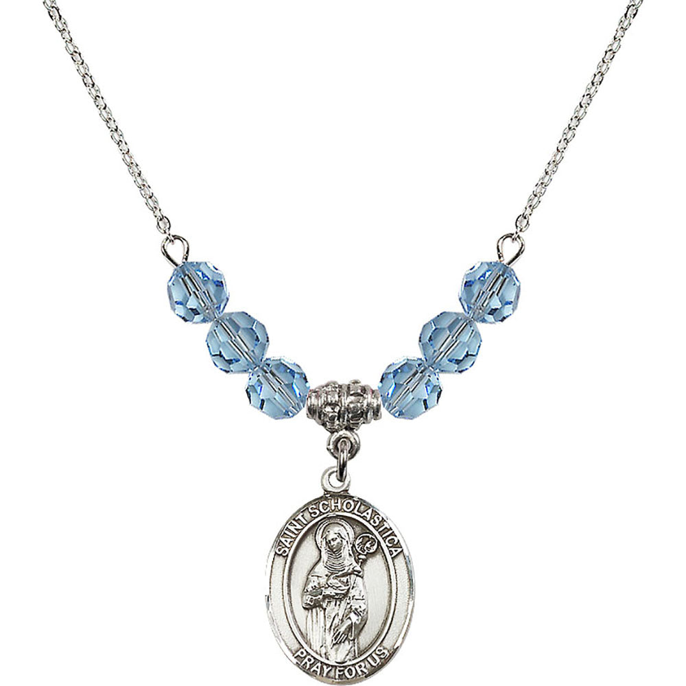 Sterling Silver Saint Scholastica Birthstone Necklace with Aqua Beads - 8099