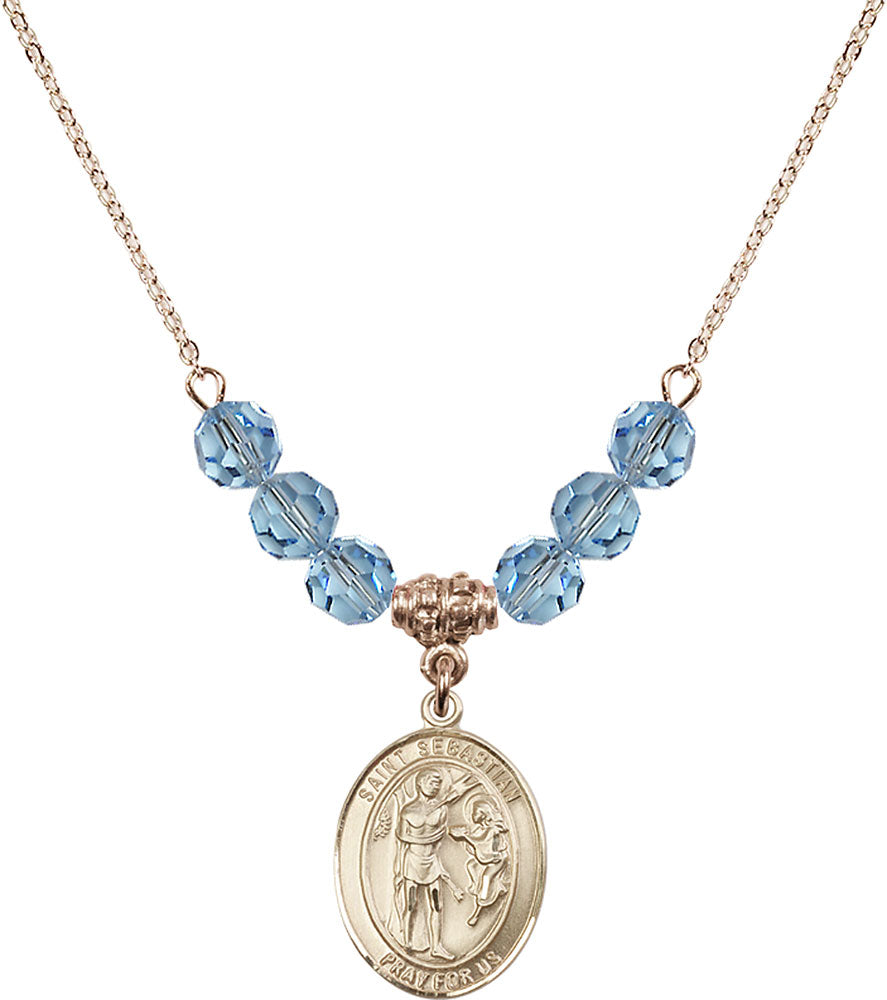 14kt Gold Filled Saint Sebastian Birthstone Necklace with Aqua Beads - 8100
