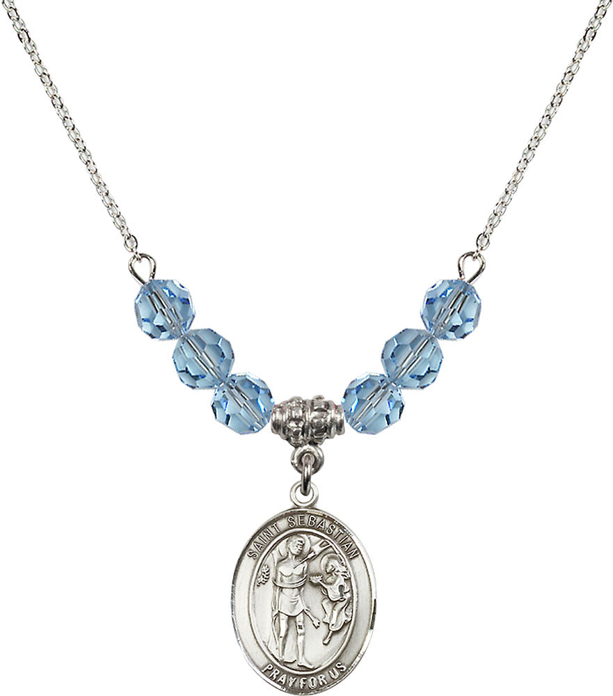 Sterling Silver Saint Sebastian Birthstone Necklace with Aqua Beads - 8100