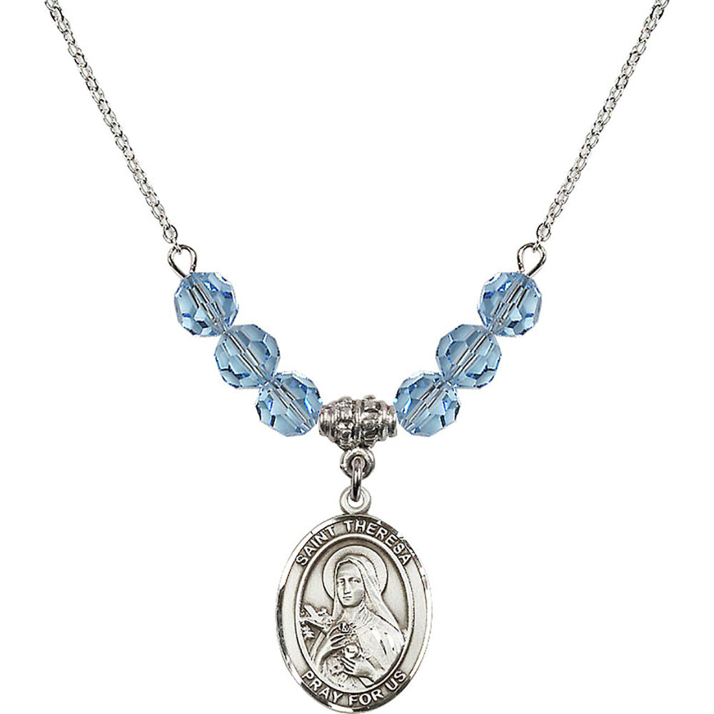Sterling Silver Saint Theresa Birthstone Necklace with Aqua Beads - 8106