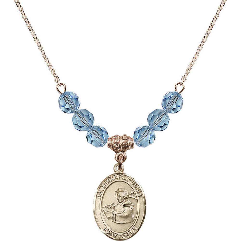 14kt Gold Filled Saint Thomas Aquinas Birthstone Necklace with Aqua Beads - 8108