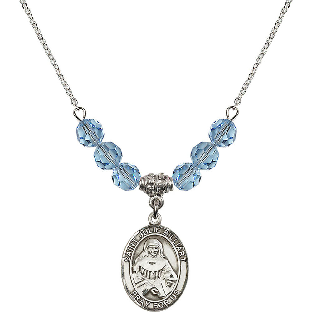 Sterling Silver Saint Julie Billiart Birthstone Necklace with Aqua Beads - 8117