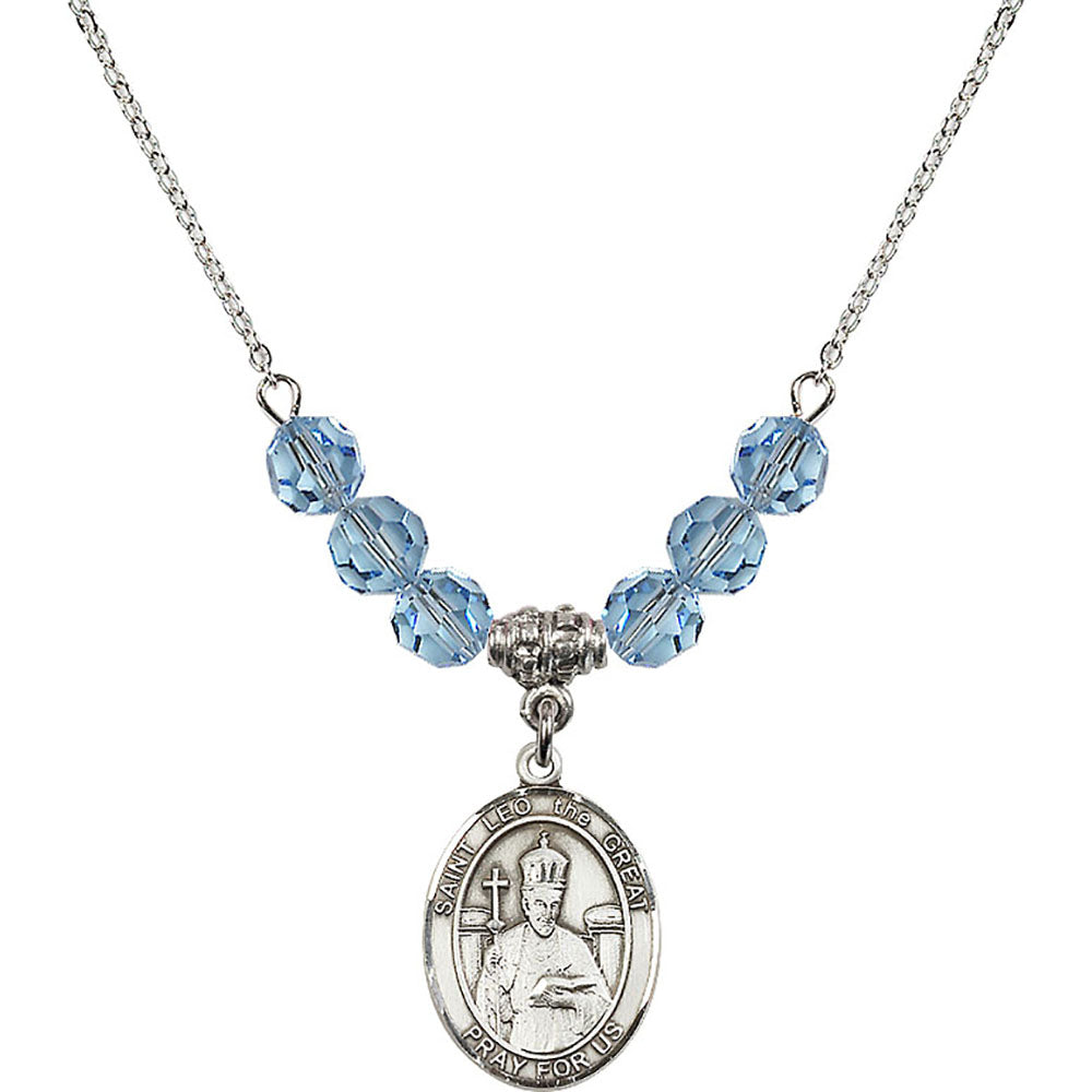 Sterling Silver Saint Leo the Great Birthstone Necklace with Aqua Beads - 8120