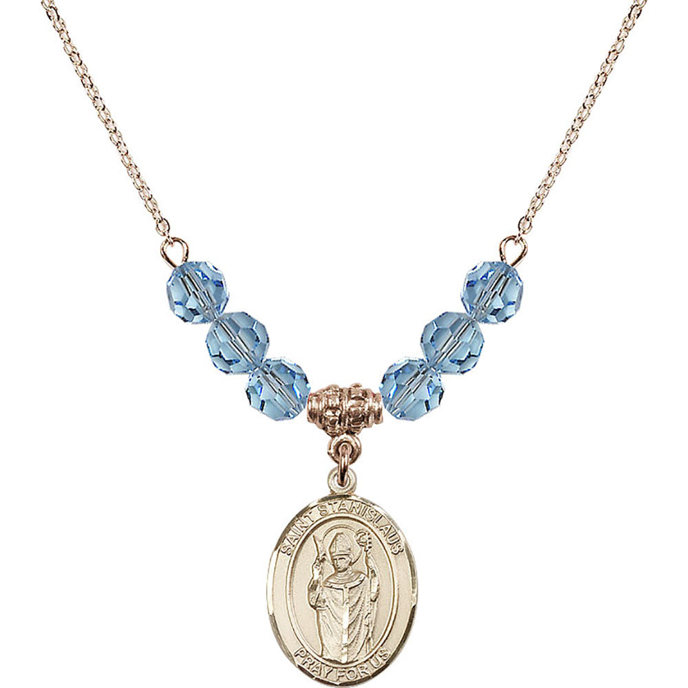 14kt Gold Filled Saint Stanislaus Birthstone Necklace with Aqua Beads - 8124